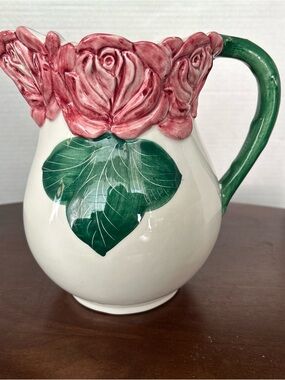 Bassano embossed Italian Pink Rose and Green Leaf Ceramic Pitcher